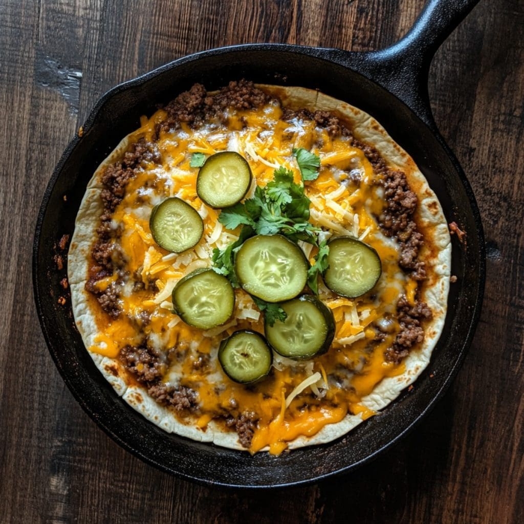 Cheeseburger Quesadilla in a skillet, top view