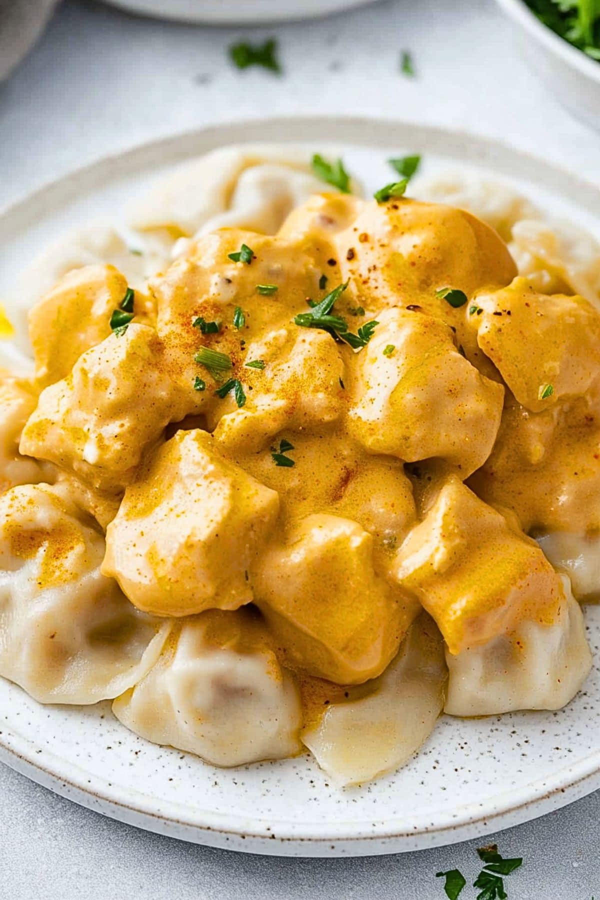 Chicken paprikash served on top of flour dumplings in a white plate.