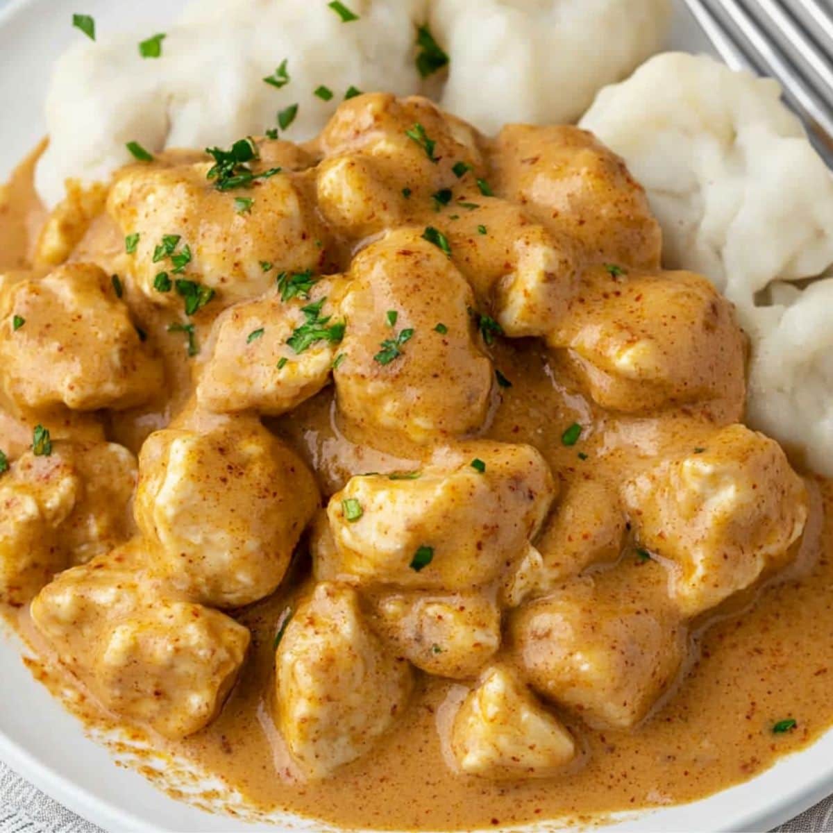 Chicken paprikash served with flour dumplings on a white plate.