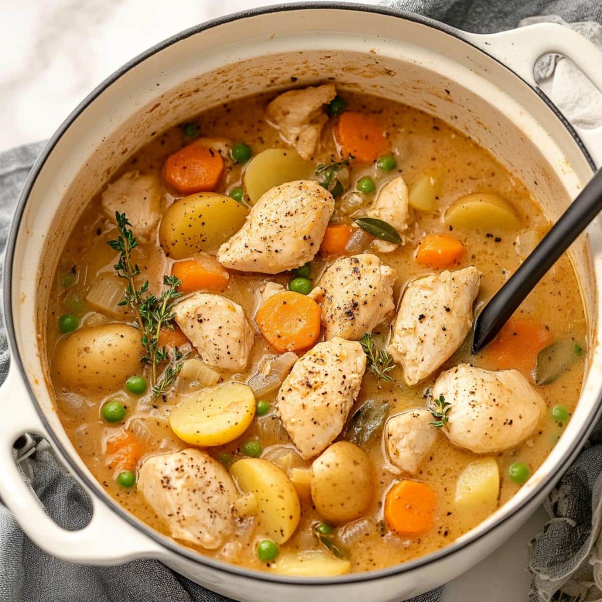 Chicken stew in a Dutch pot with vegetables and herbs.