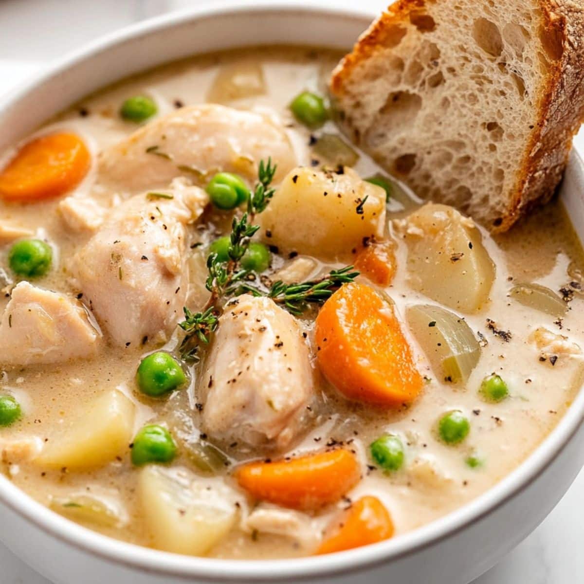 Chicken stew with creamy sauce and vegetables garnished with crusty bread.