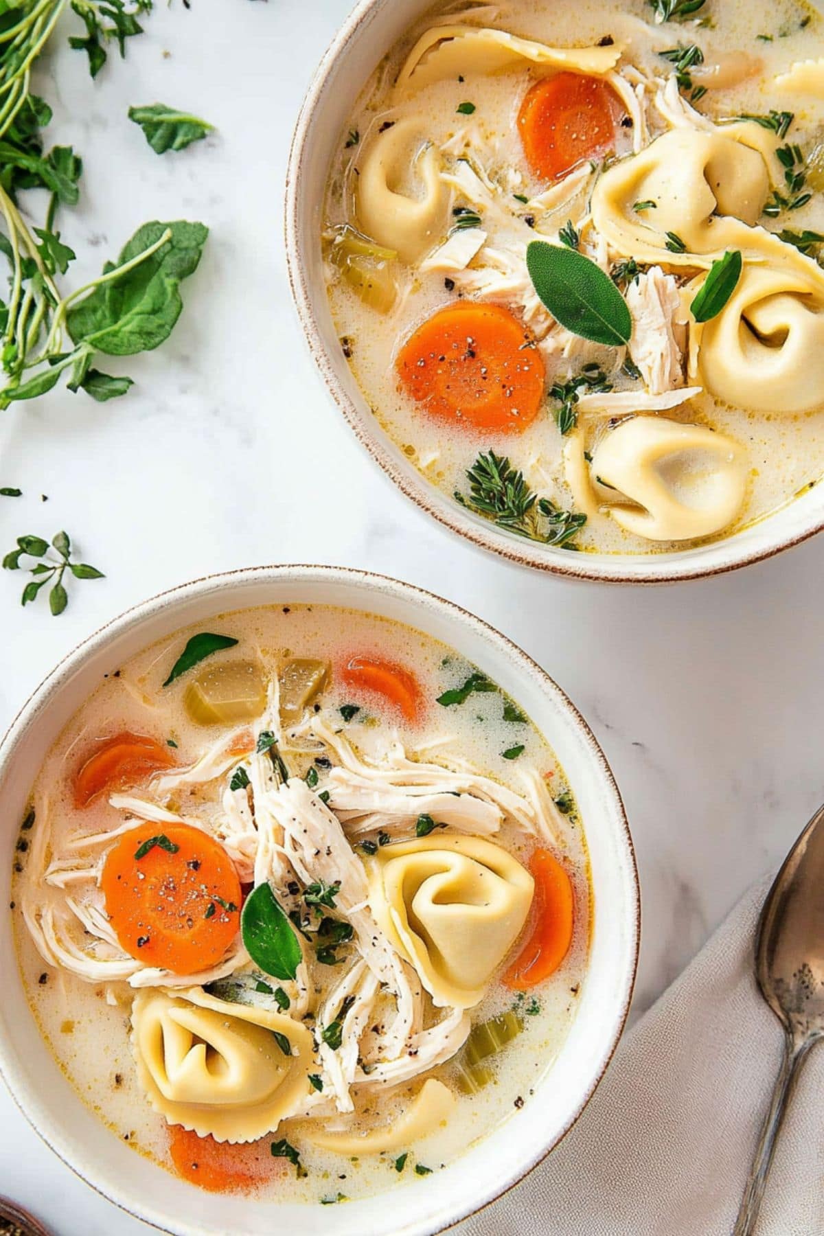 Two servings of chicken tortellini in a white bowl.