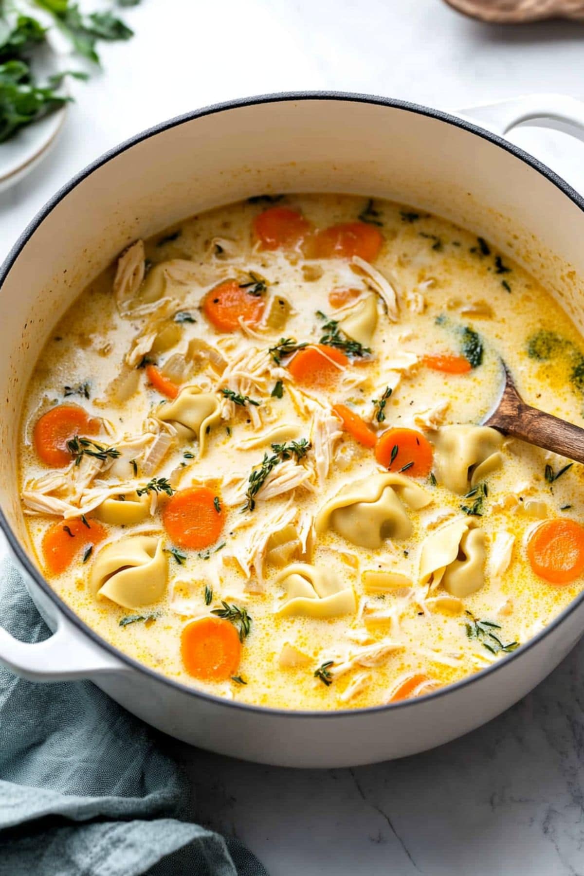 Chicken tortellini soup with shredded chicken, tortellini pasta, carrots and herbs with creamy soup cooked in a Dutch oven pot.