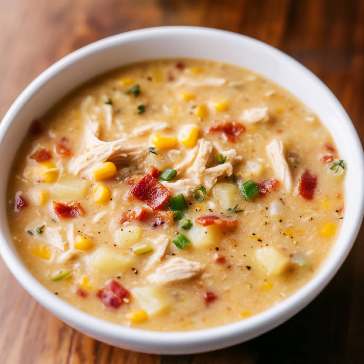 Chicken and corn chowder served hot in a bowl, featuring a rich and creamy broth.