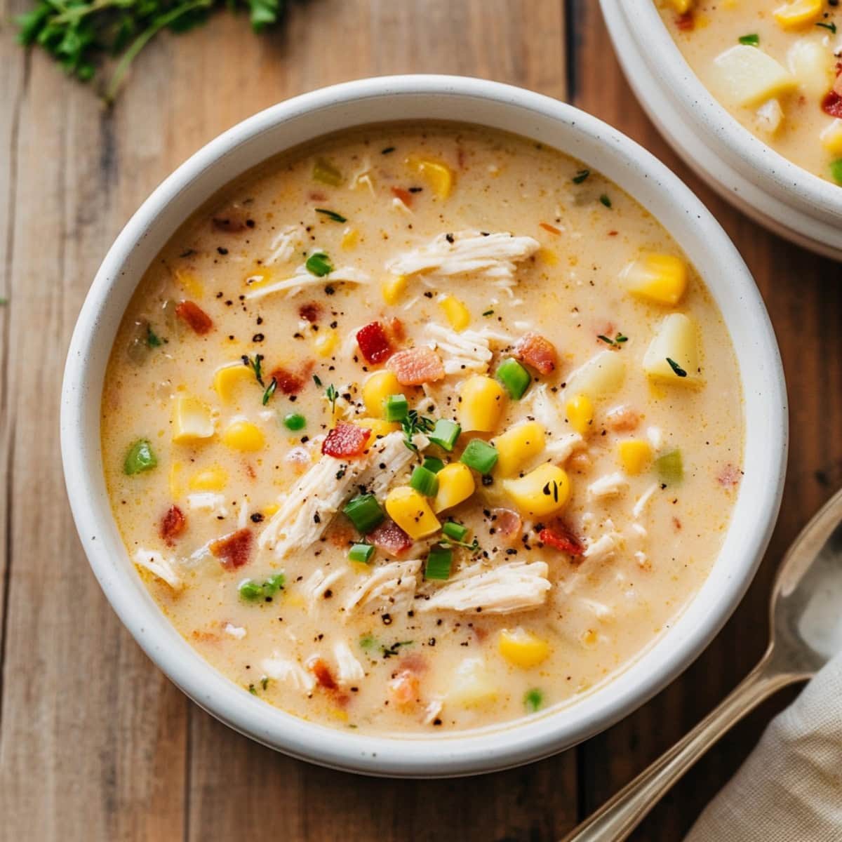 Two bowls of chicken and corn chowder on a wooden board.