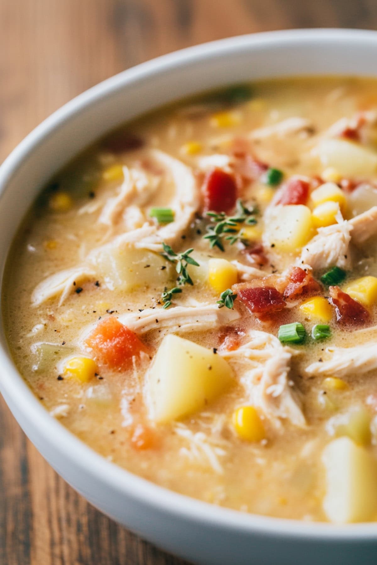 Warm chicken and corn chowder with veggies, garnished with herbs.