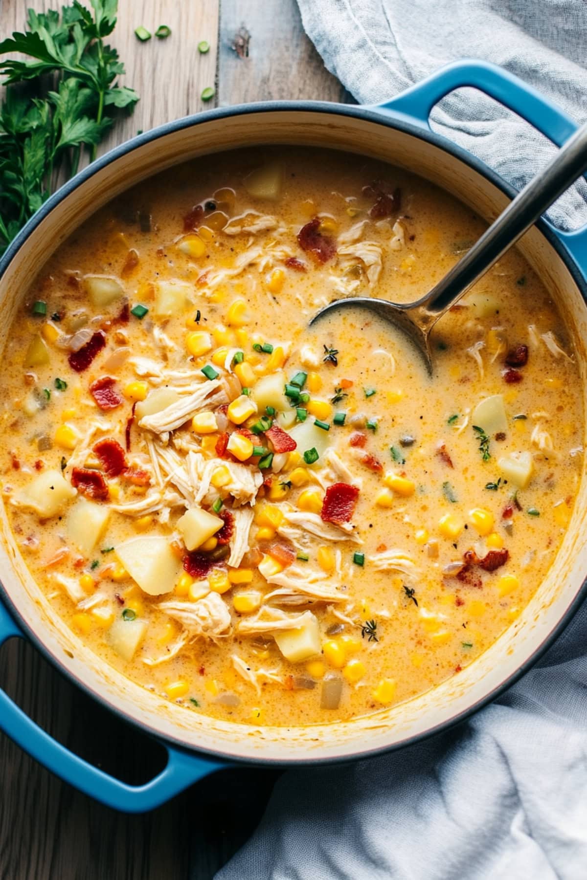 A large pot of chicken and corn chowder with vegetables and bacon.