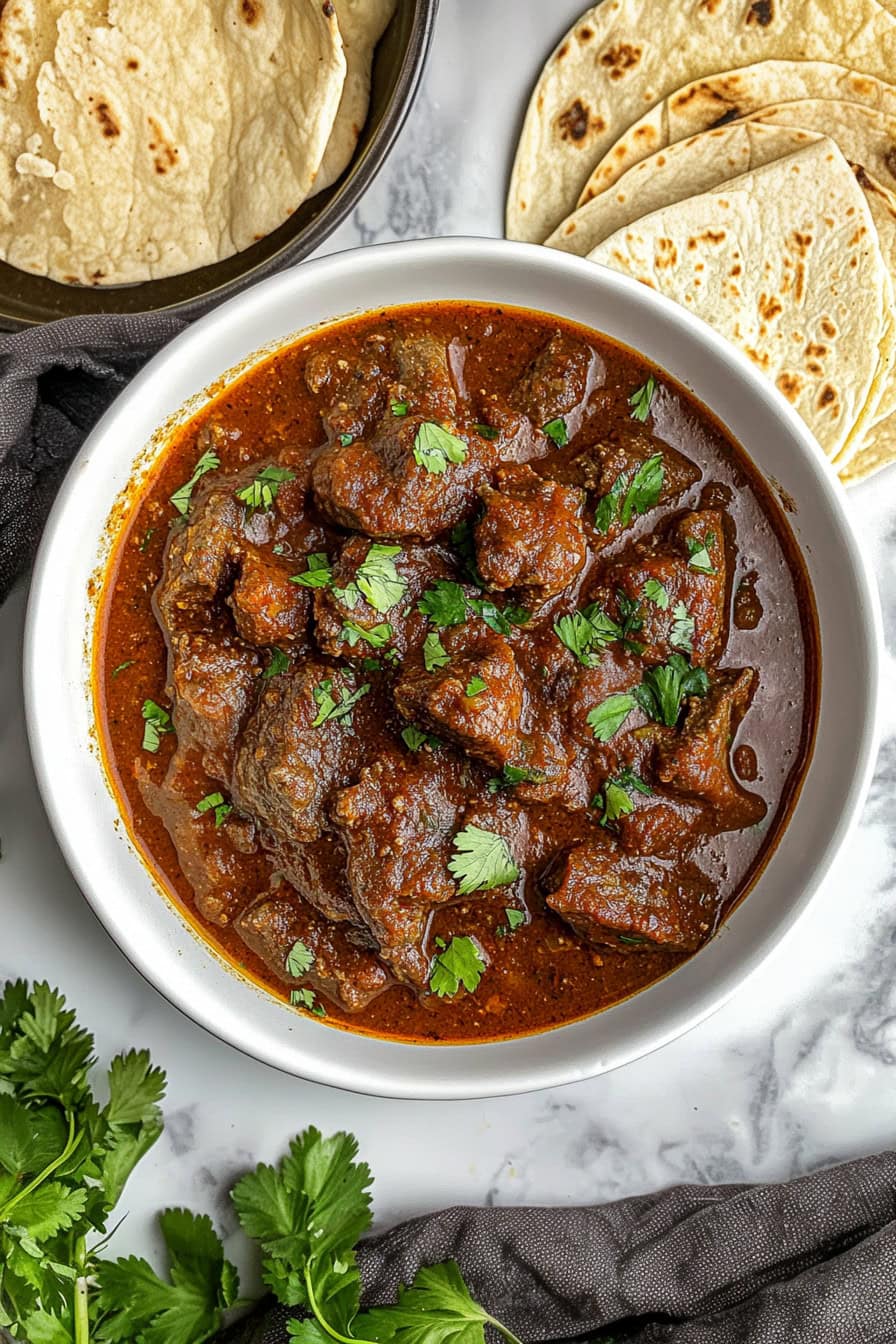 Close-up of chili Colorado, featuring succulent pieces of beef coated in a thick, vibrant sauce.