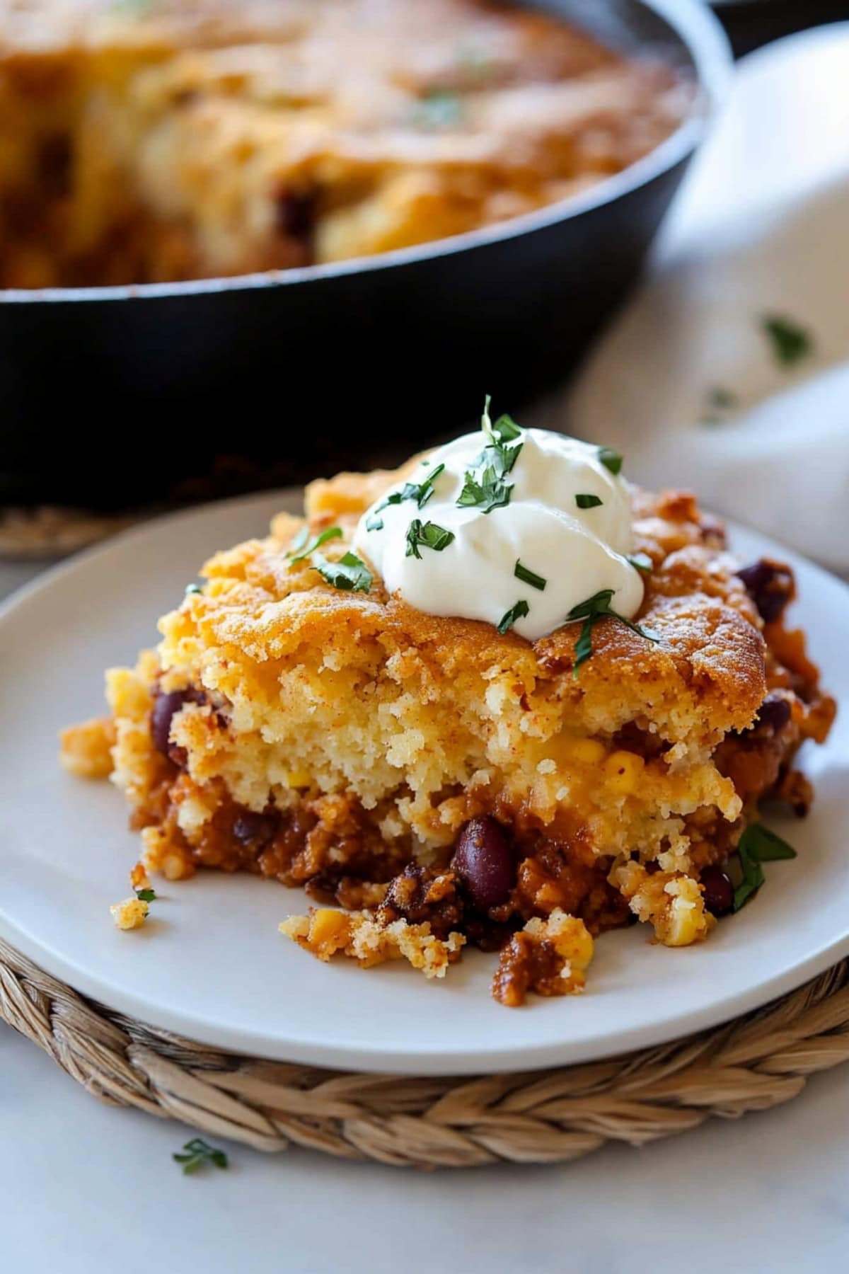 Chili Cornbread Casserole Serving on a Plate with Sour Cream