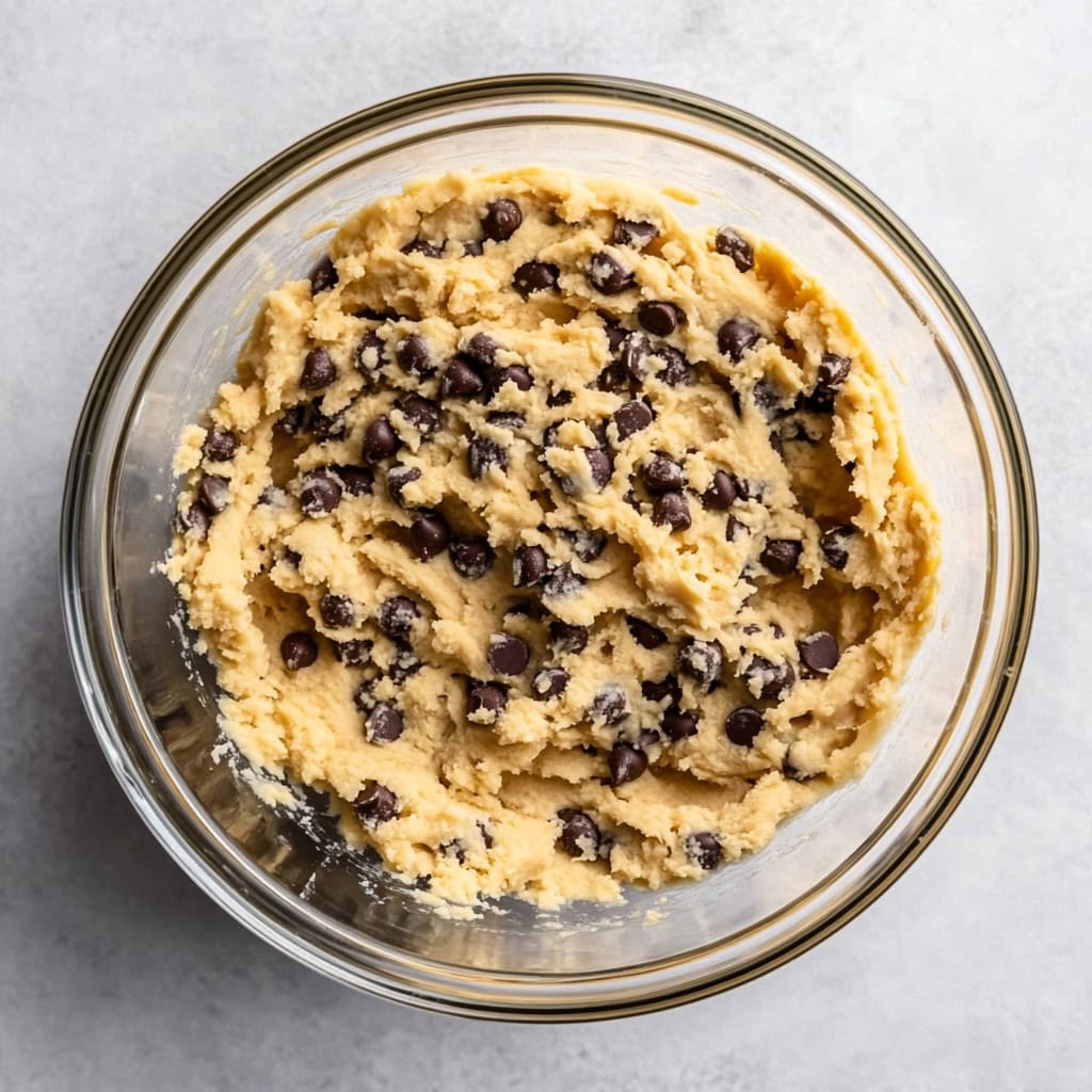 Chocolate chip cookie dough in a glass bowl, top view