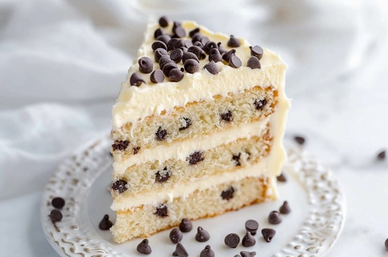 Chocolate Chip Cannoli Cake Slice on a Plate