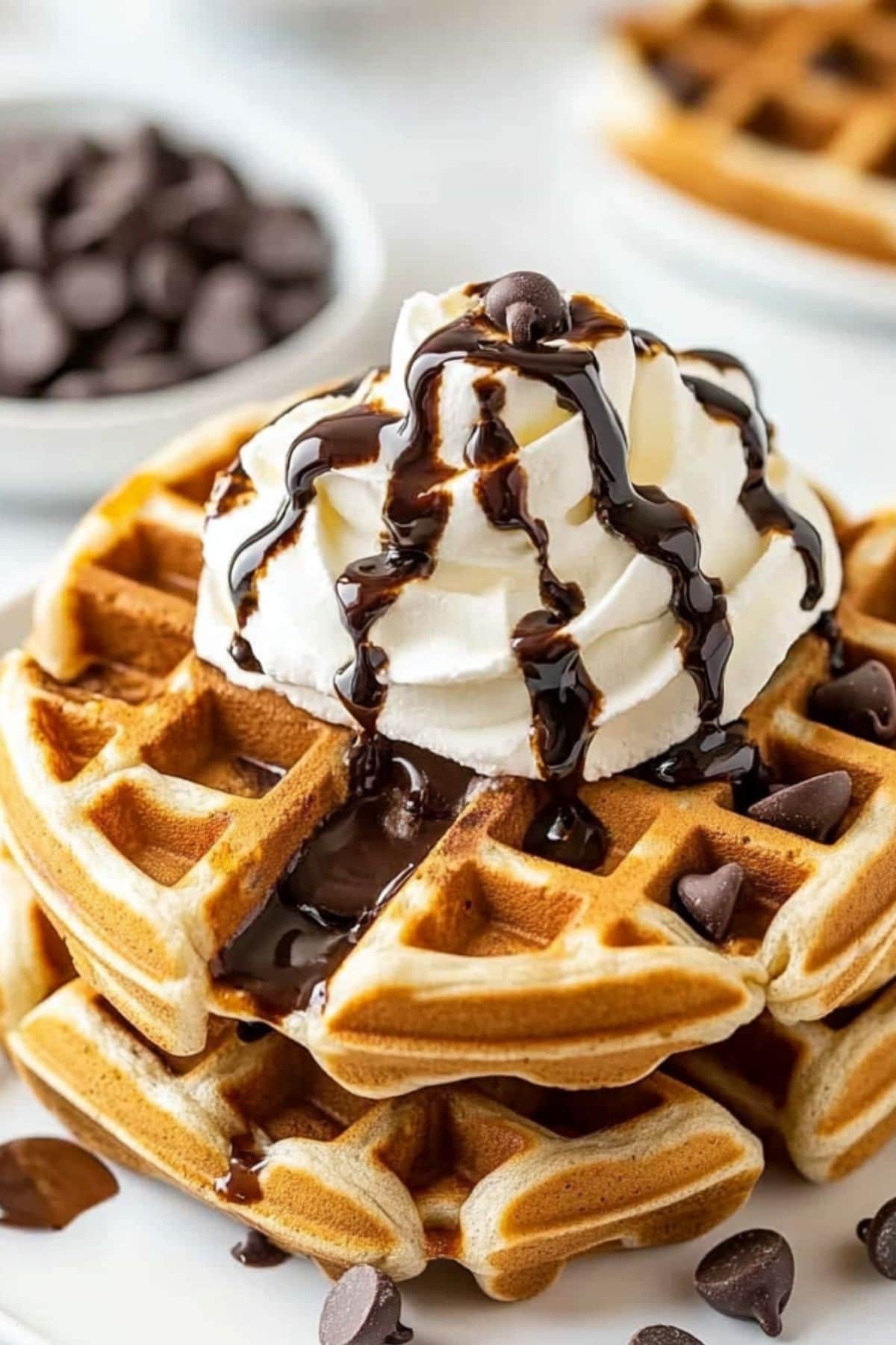 Chocolate chip waffles on a white plate served with whipped cream drizzled with chocolate syrup.