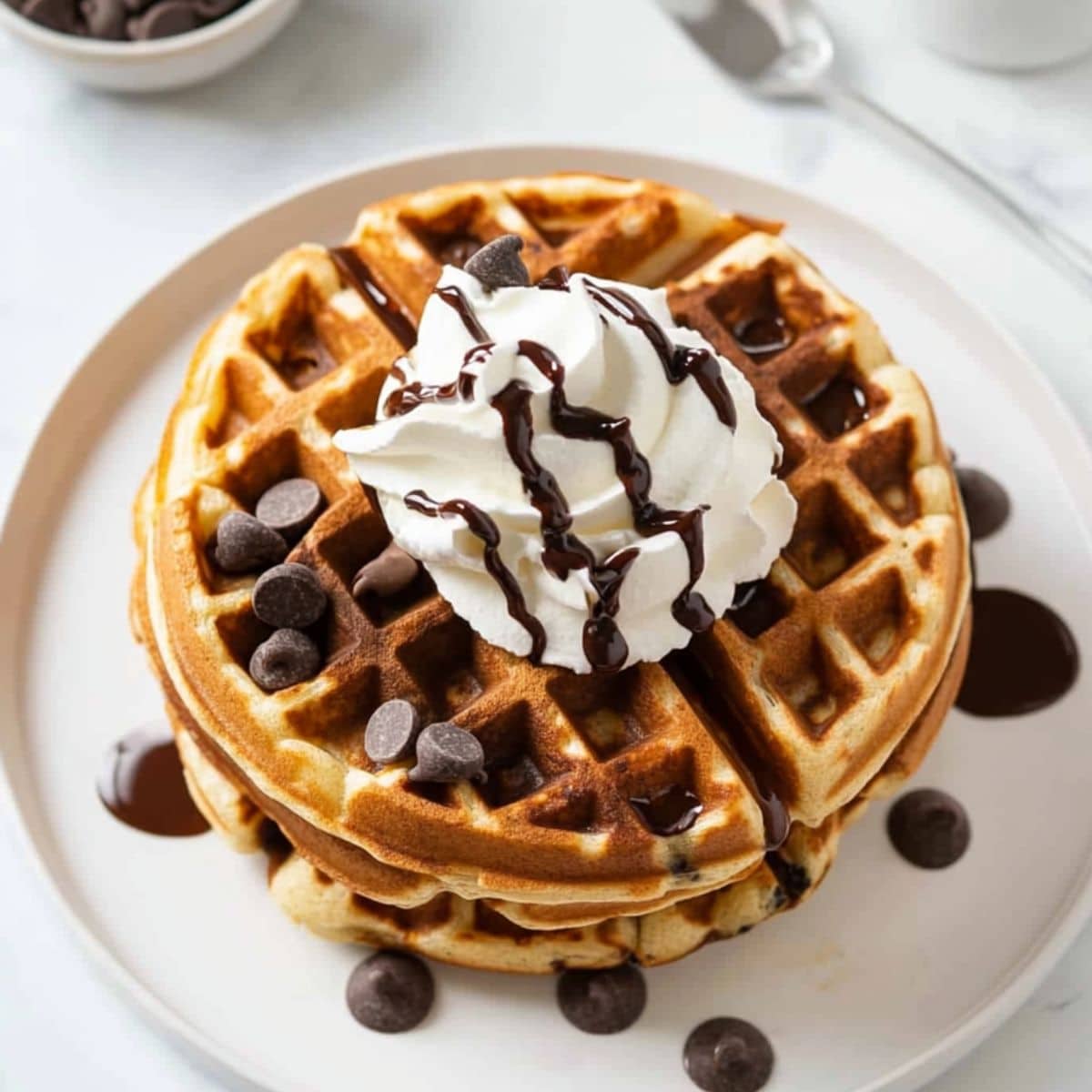 Chocolate chip waffles served with whipped cream and chocolate syrup. 