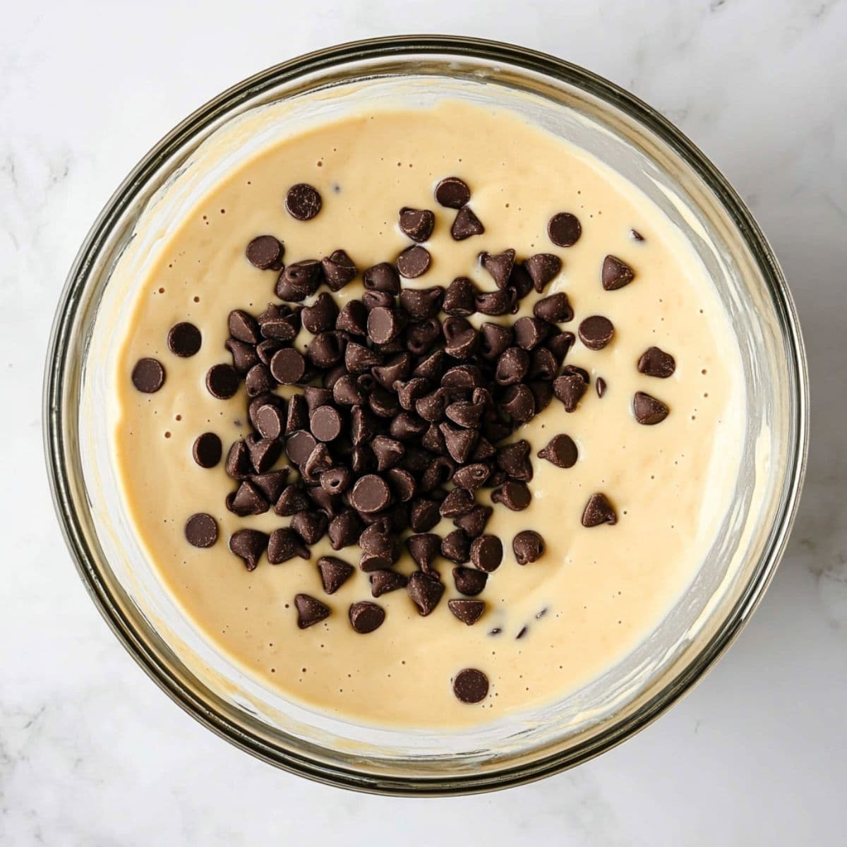 Waffle batter with chocolate chips in a glass mixing bowl, top view