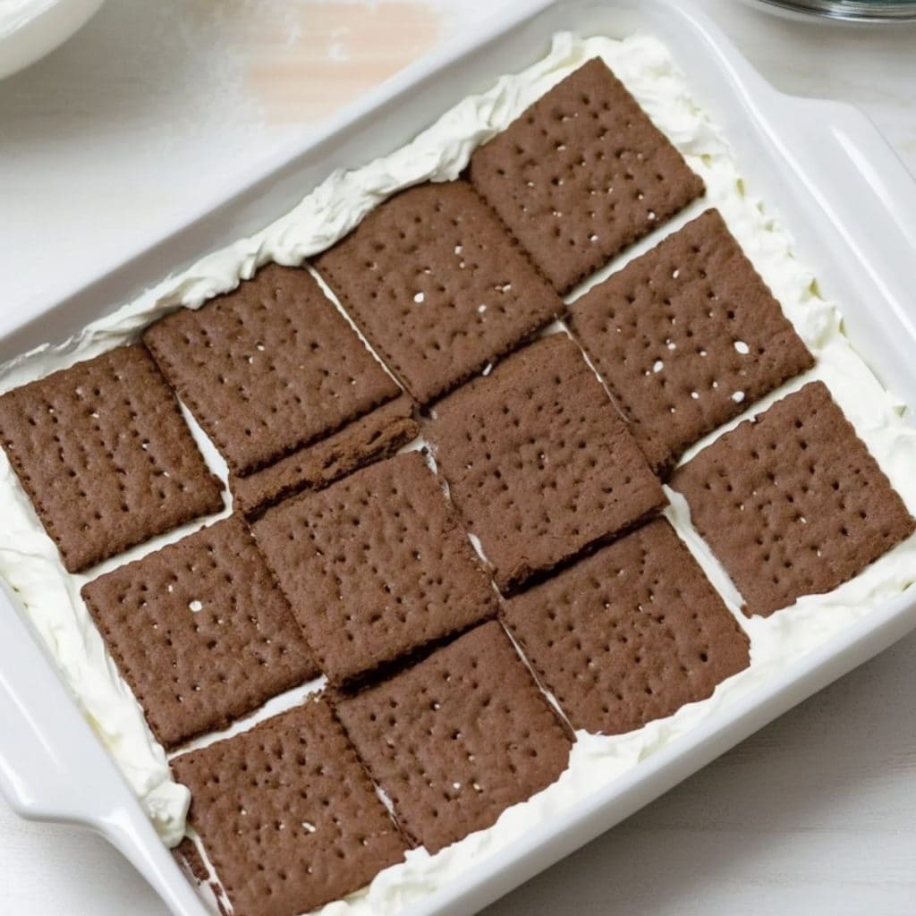 Chocolate grahams nestled on top of whipped cream in a baking dish.