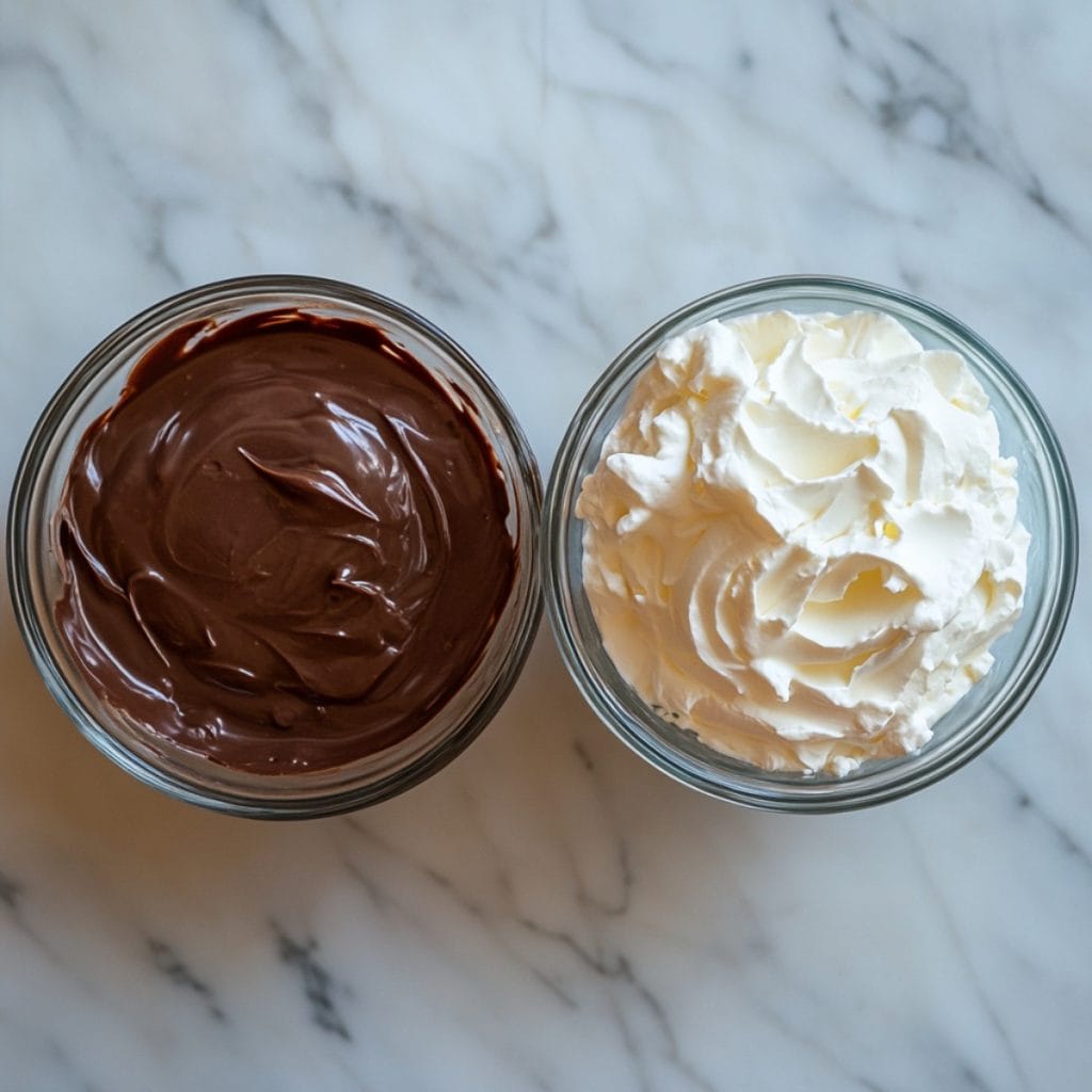 Glass bowls with chocolate pudding and whipped cream, top view