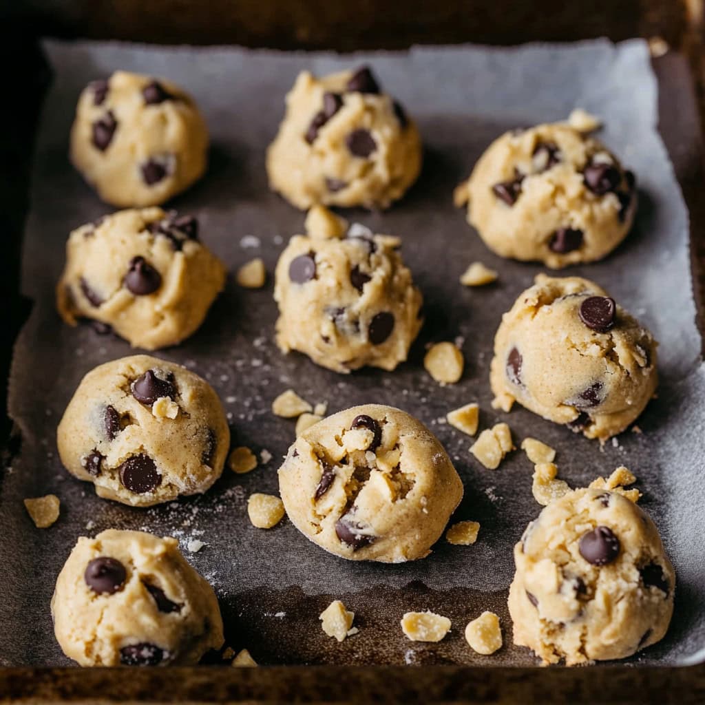 Potato chip cookie dough with mini chocolate chips portioned on a baking sheet