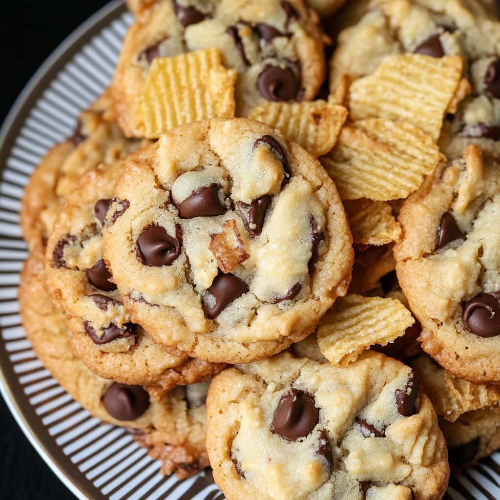 Potato chip cookies with mini chocolate chips on a plate, close up