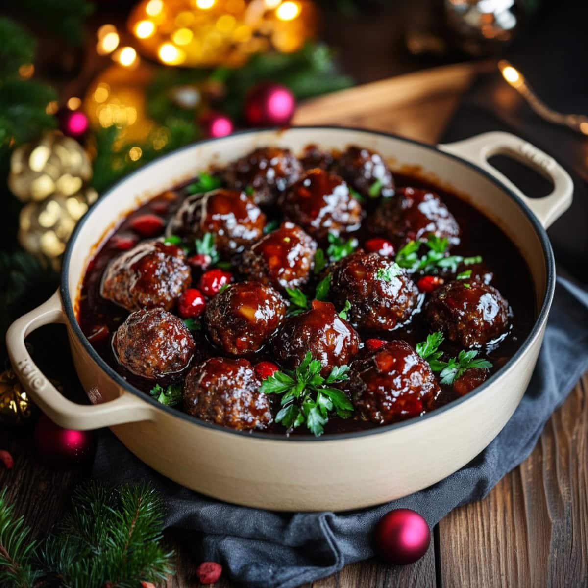 Christmas Meatballs in a dutch oven