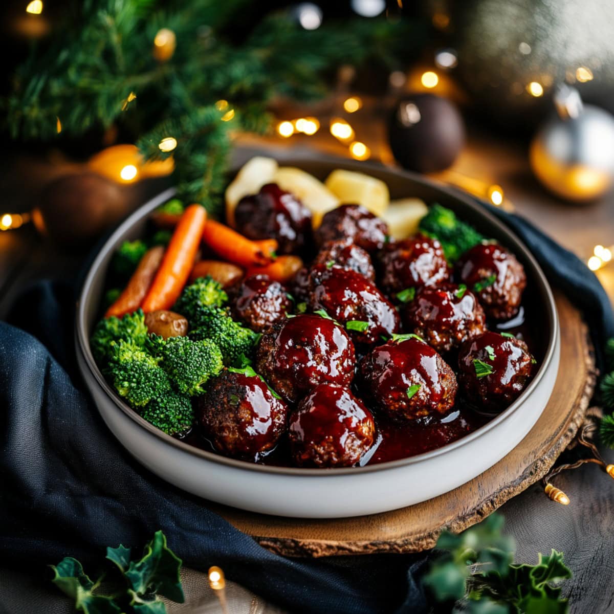 Christmas Meatballs on a plate with potatoes and vegetables