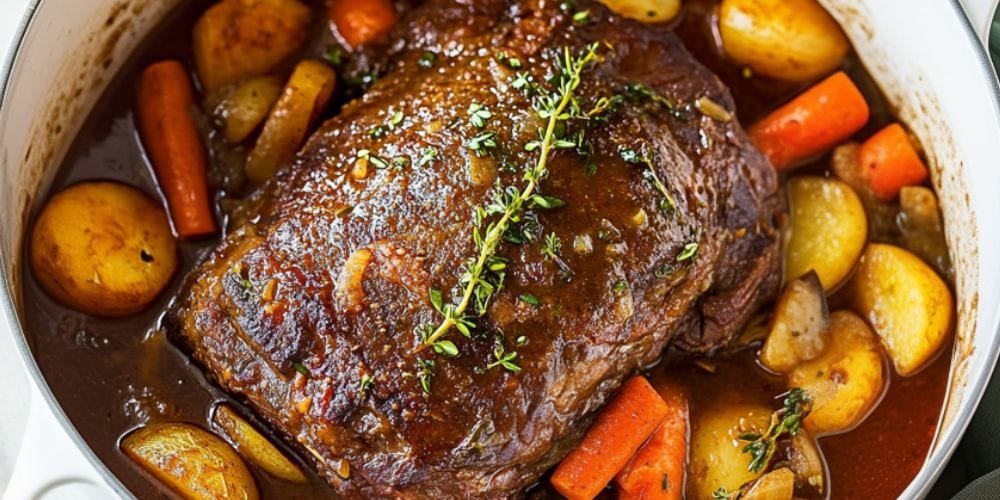 Roast chuck beef with potatoes and carrots in a Dutch oven pot.