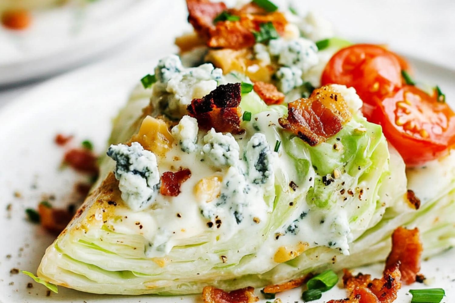 Classic wedge salad with blue cheese dressing, crumbled bacon, cherry tomato halves and crumbled blue cheese.