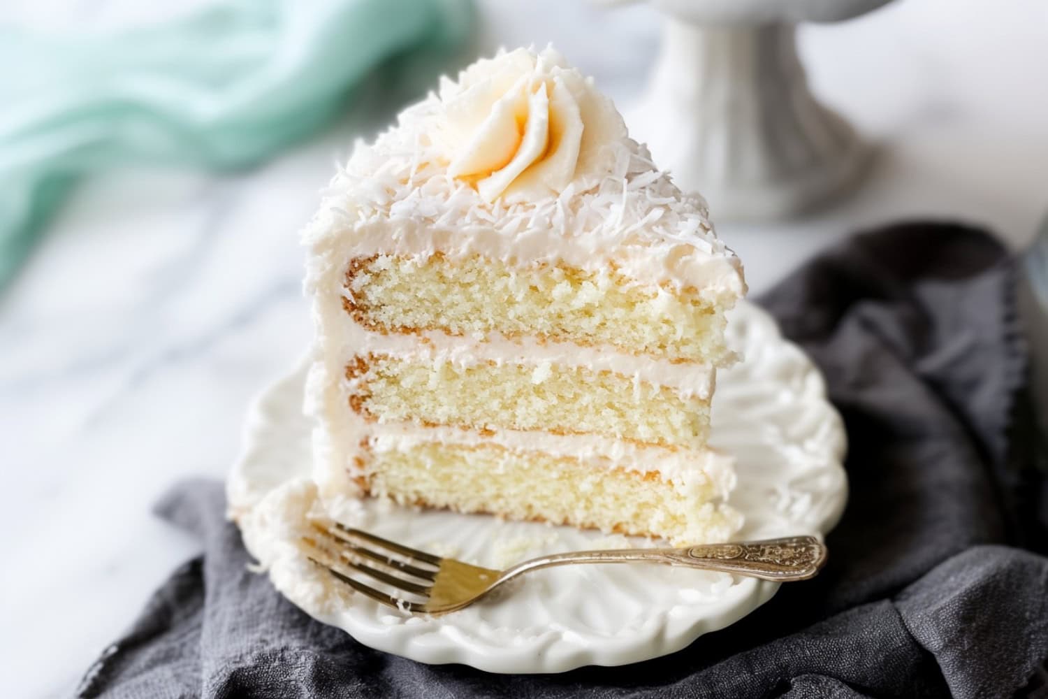 A coconut cake with a light, fluffy texture, topped with cream cheese frosting