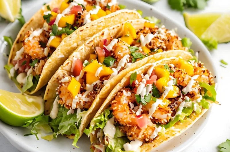 Coconut shrimp tacos garnished with mango salsa.