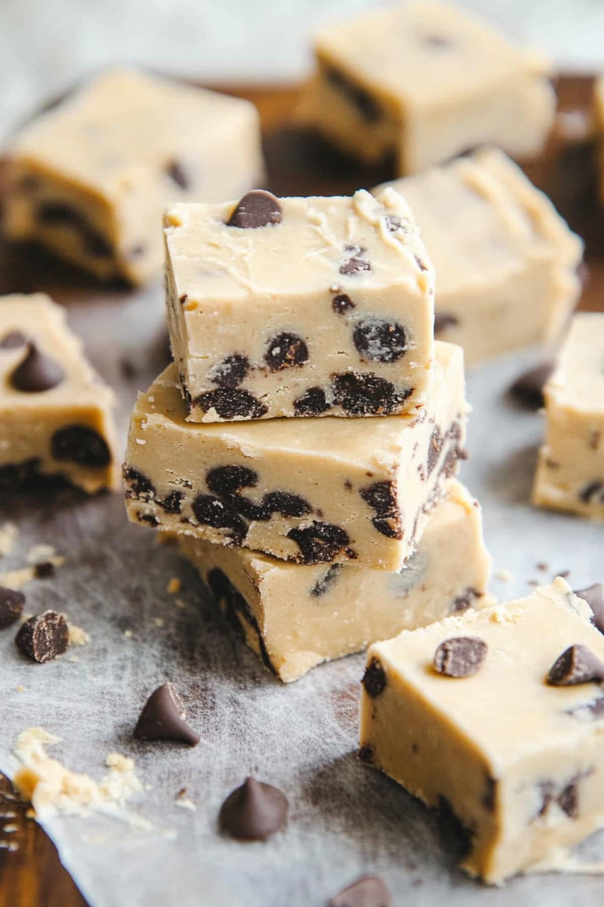 Cookie Dough Fudge stacked on parchment paper