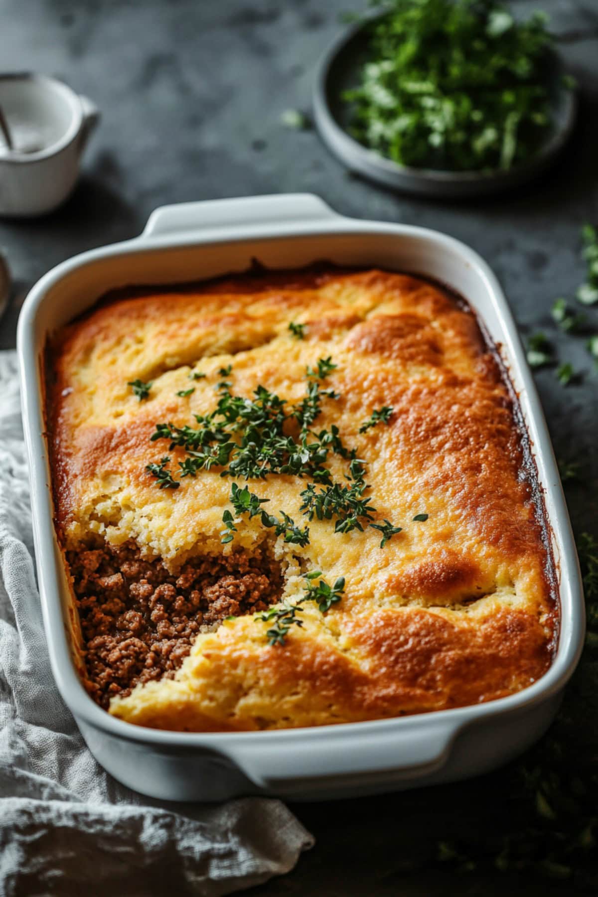 Cornbread Sloppy Joe Casserole in a white baking dish