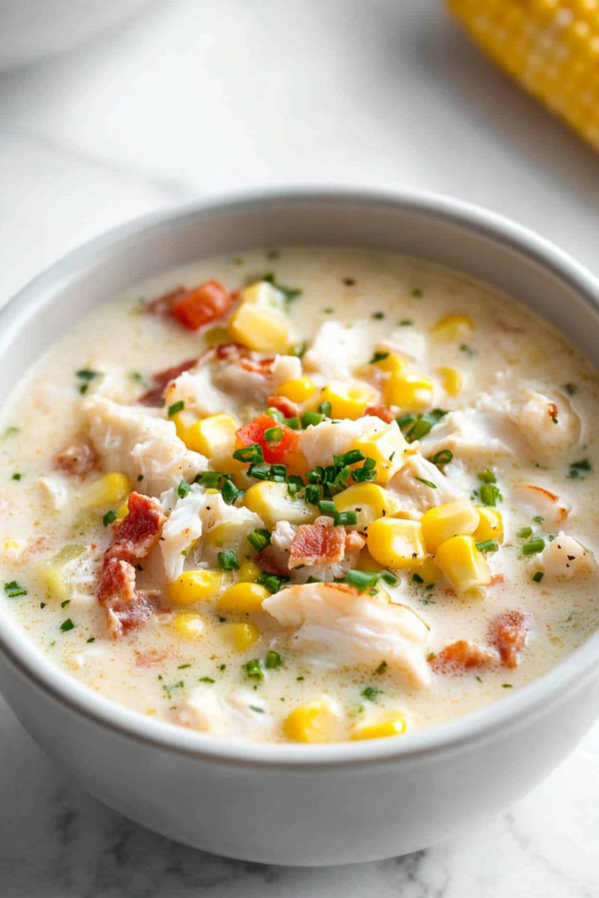 Crab and corn chowder serving in a white bowl with crab meat, corn and bacon with creamy soup.