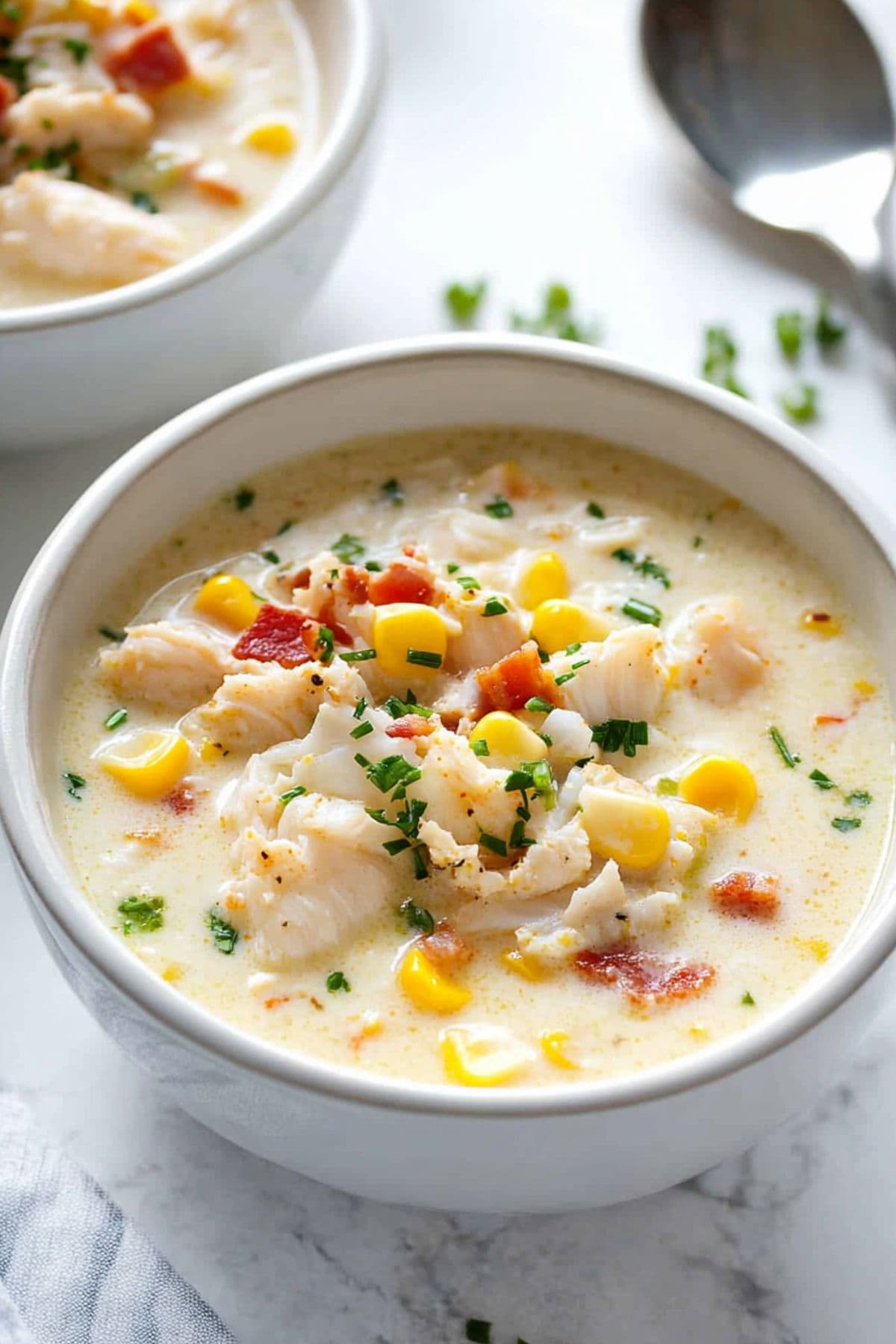 Creamy crab and corn chowder served in a white bowl garnished with chopped bacon. 