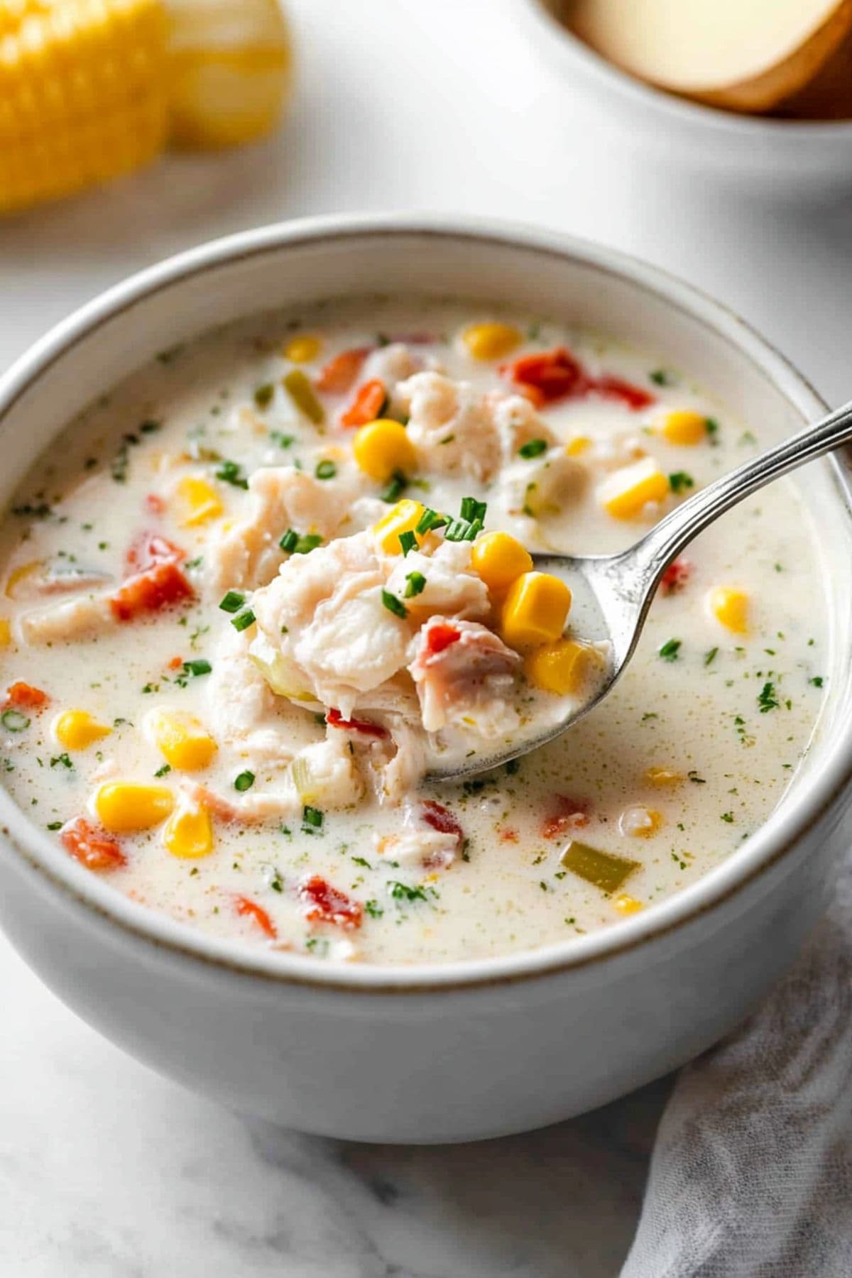 Spoon with a scoop of creamy crab and corn chowder from a white bowl.