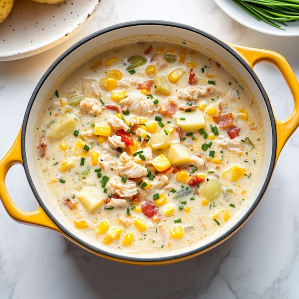 Crab and corn chowder cooked in a yellow pot sitting on a white marble table. 