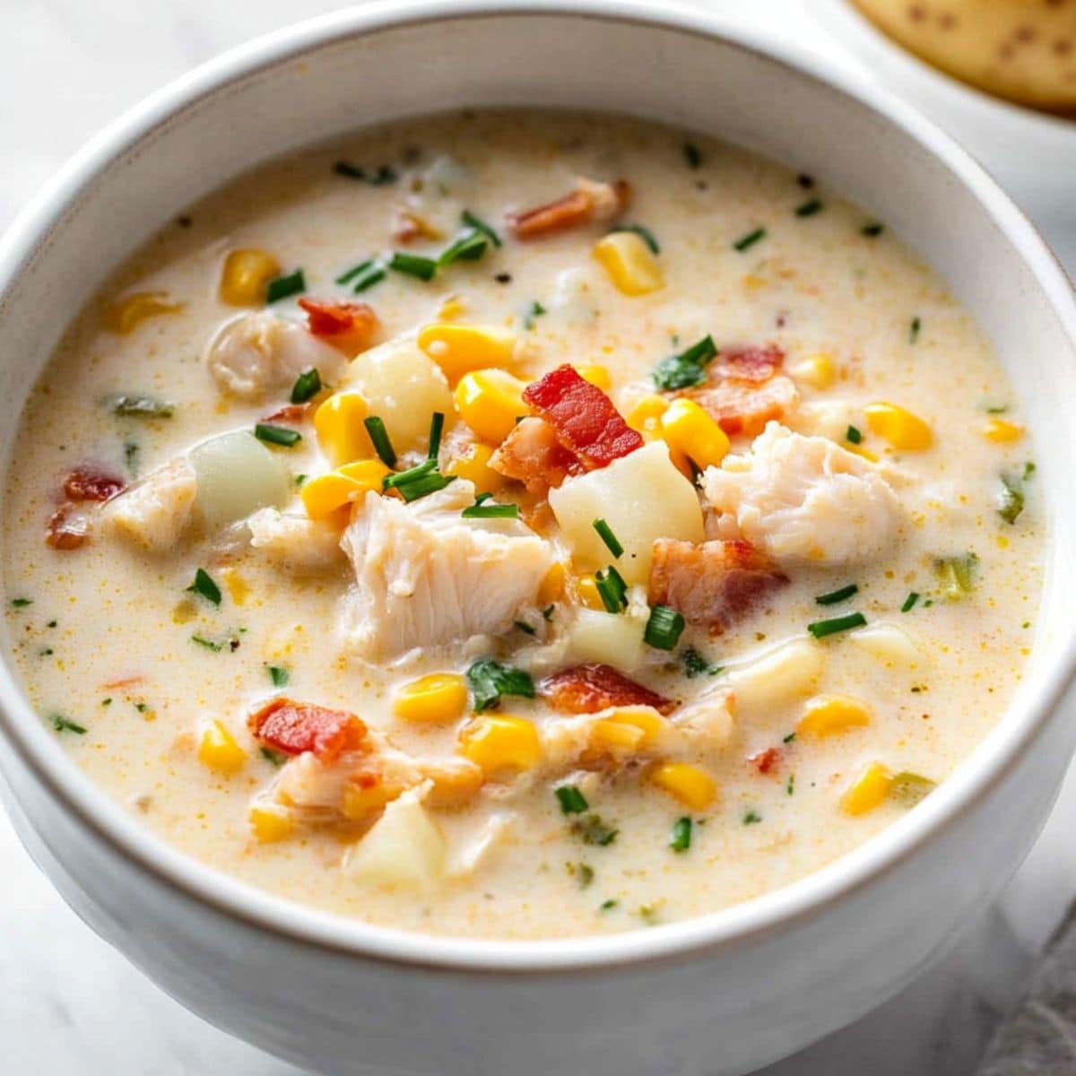 Crab and corn chowder served in a white bowl garnished with chopped bacon.