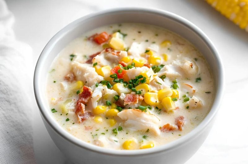 White bowl with a serving of creamy crab and corn chowder.