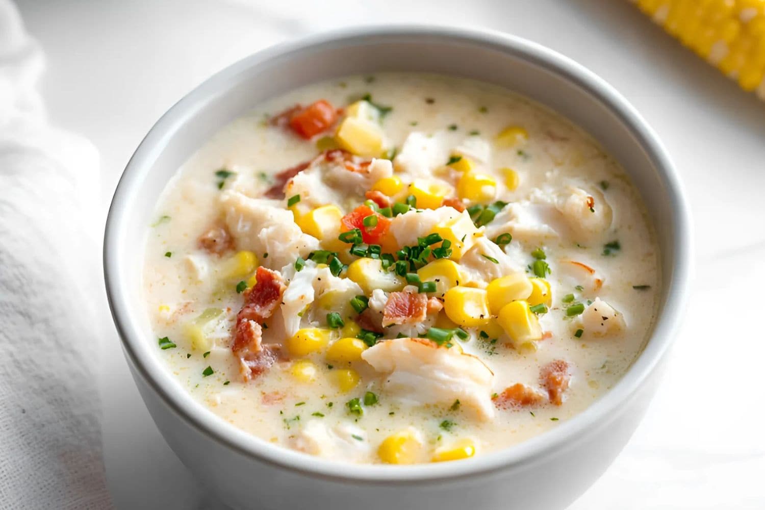 White bowl with a serving of creamy crab and corn chowder.