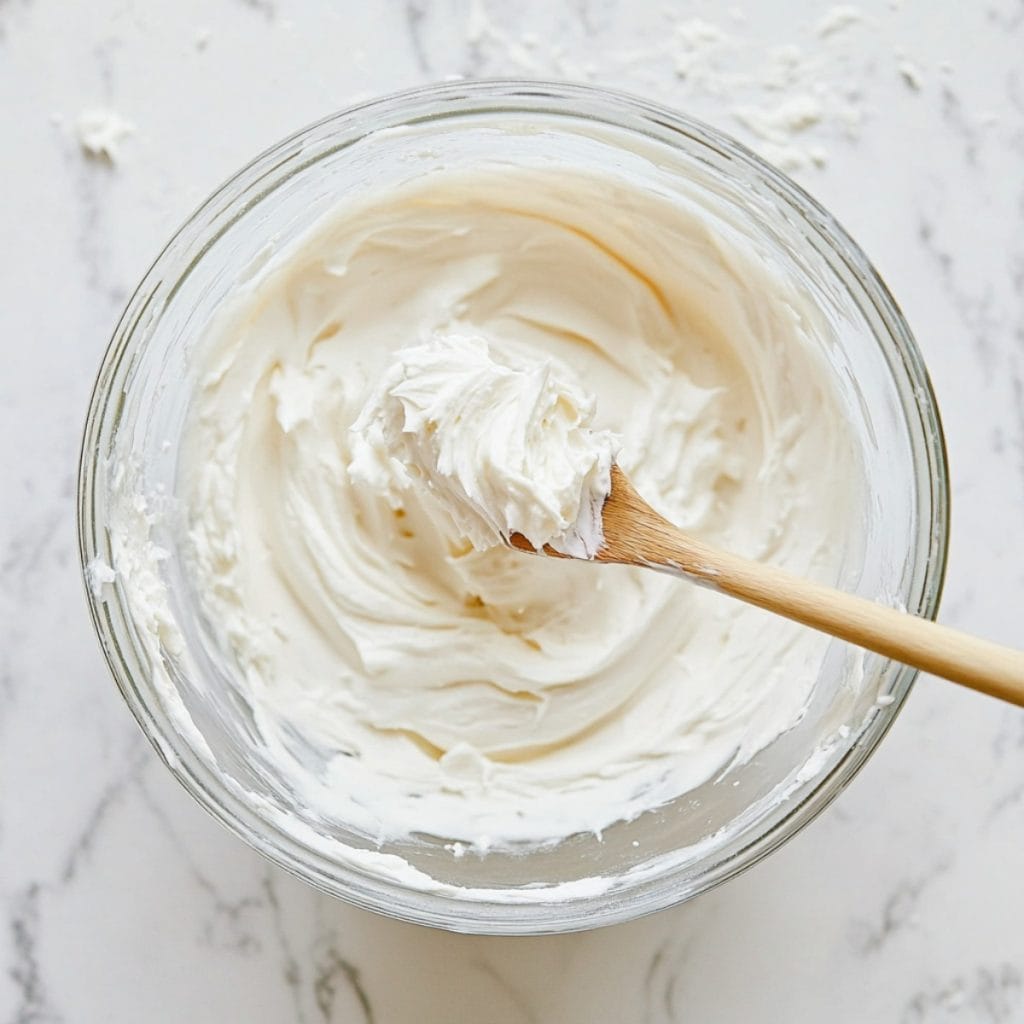 Cream Cheese Frosting in a Glass Mixing Bowl, top view