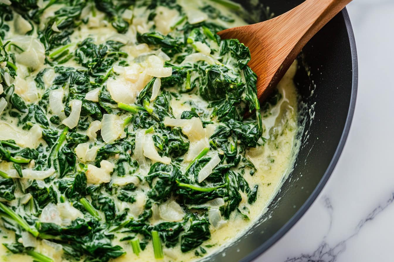 A hearty serving of creamed spinach with a creamy, buttery sauce and a touch of onions and garlic