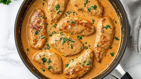 Chicken lazone served with a smooth, buttery cream sauce, topped with herbs.