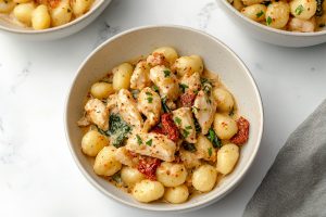 Three bowls of homemade creamy chicken and gnocchi on a white marble table.