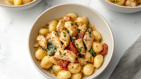 Three bowls of homemade creamy chicken and gnocchi on a white marble table.