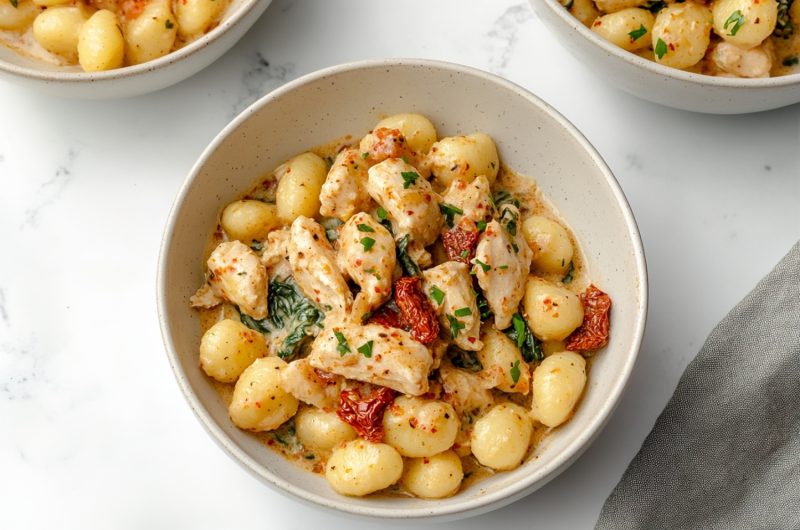 Three bowls of homemade creamy chicken and gnocchi on a white marble table.