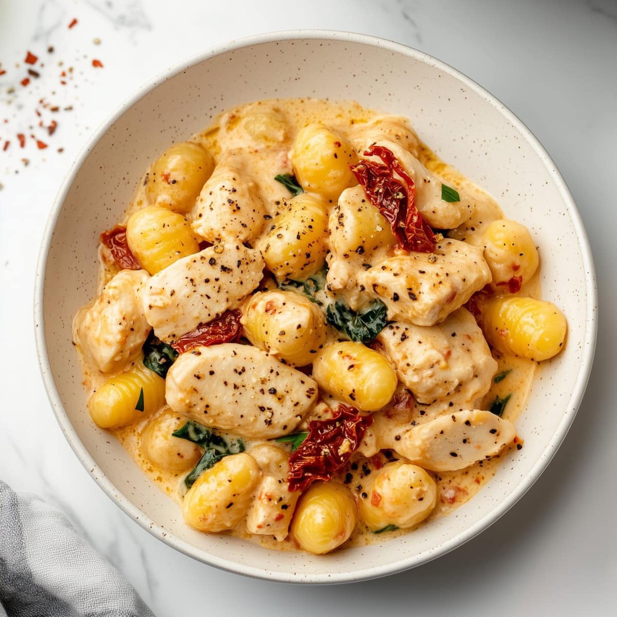 An overhead view of creamy chicken and gnocchi with sun-dried tomatoes and spinach in a Cajun sauce.