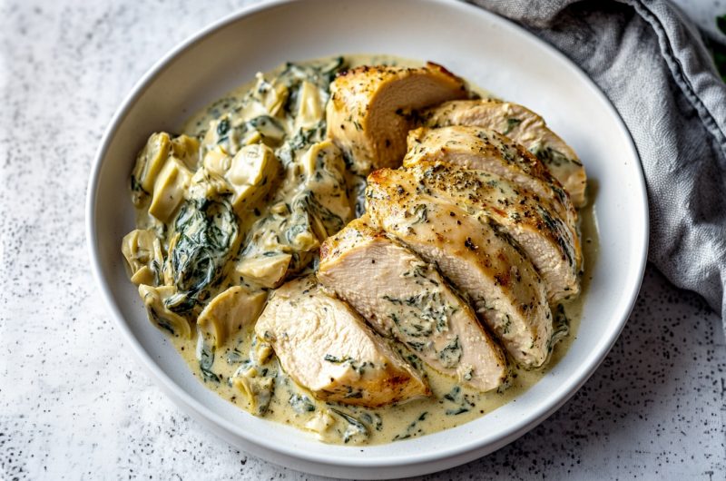 Baked creamy spinach artichoke chicken breast, in a bed of sauce in a white plate.