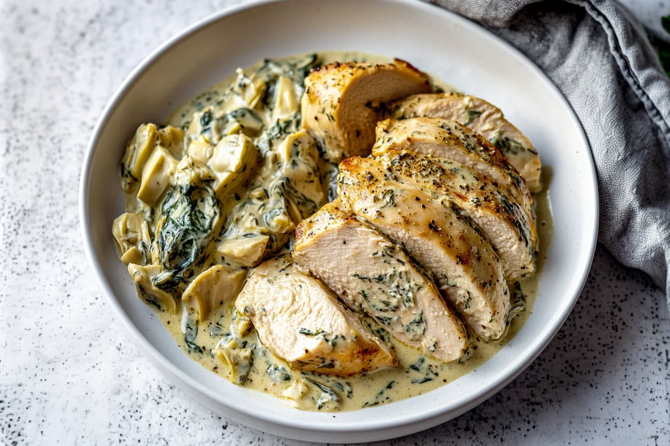 Baked creamy spinach artichoke chicken breast, in a bed of sauce in a white plate.