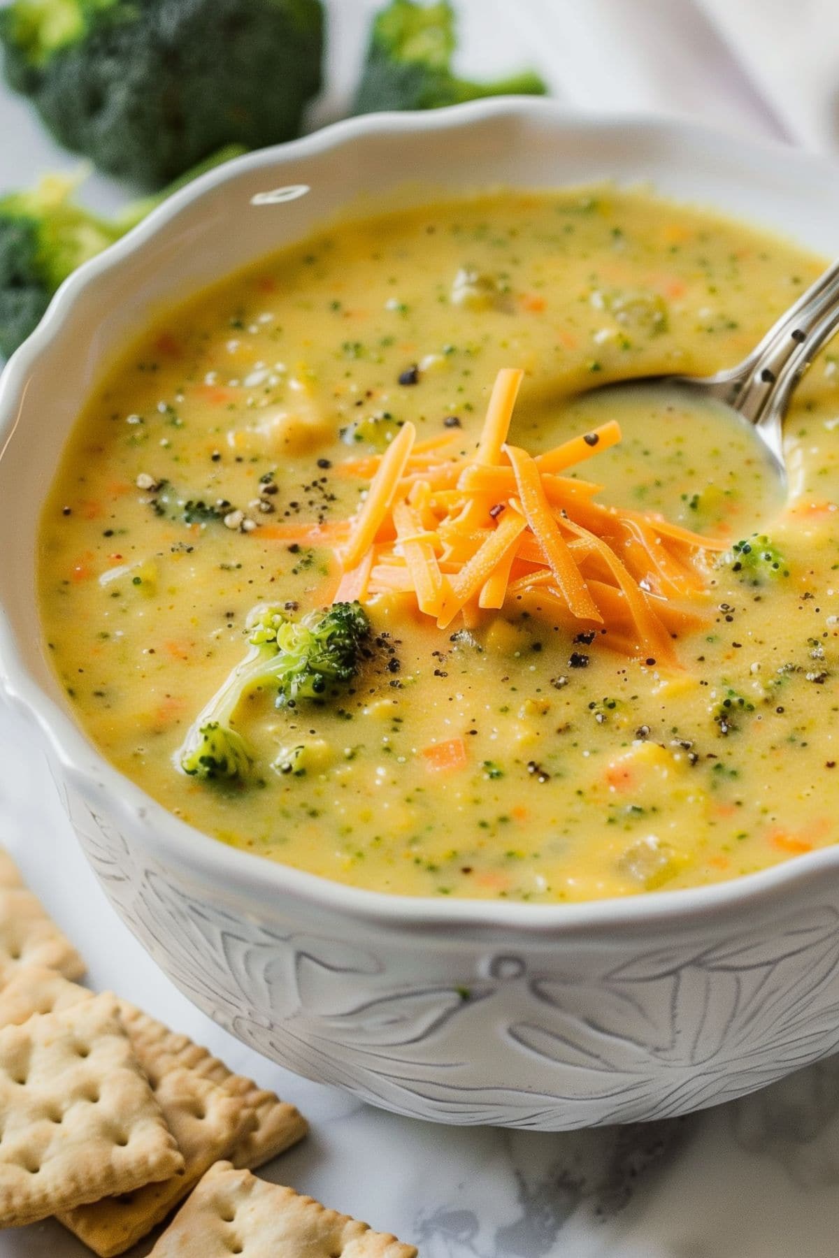 Close Up of a Bowl of Broccoli Cheddar Soup with Shredded Carrots, Shredded Cheddar Cheese, and Broccoli Florets and a Silver Spoon, Saltine Crackers Around the Bowl