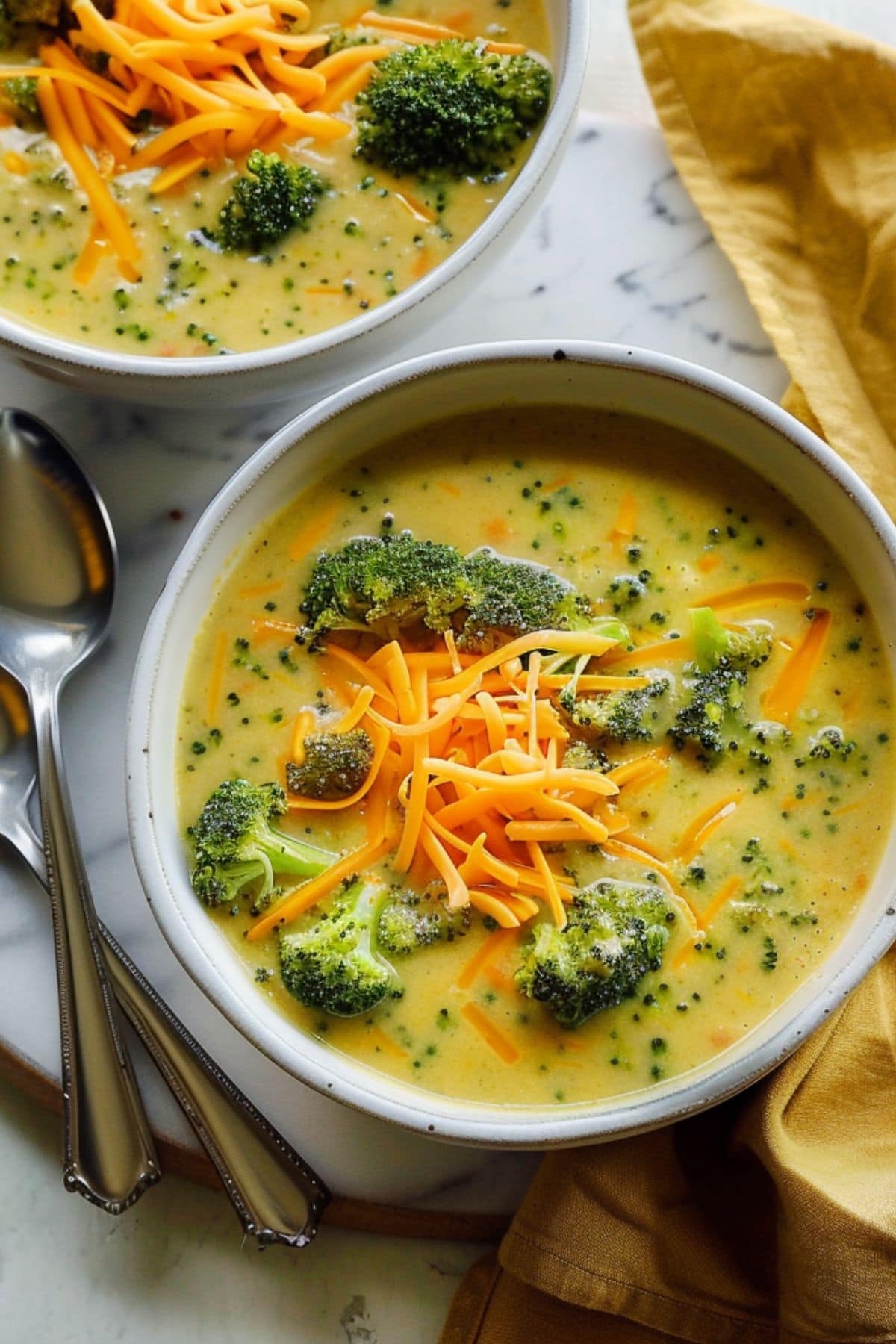 Two white bowls of creamy broccoli cheddar soup with shredded cheddar, carrots, and broccoli florets with spoons and a kitchen towel
