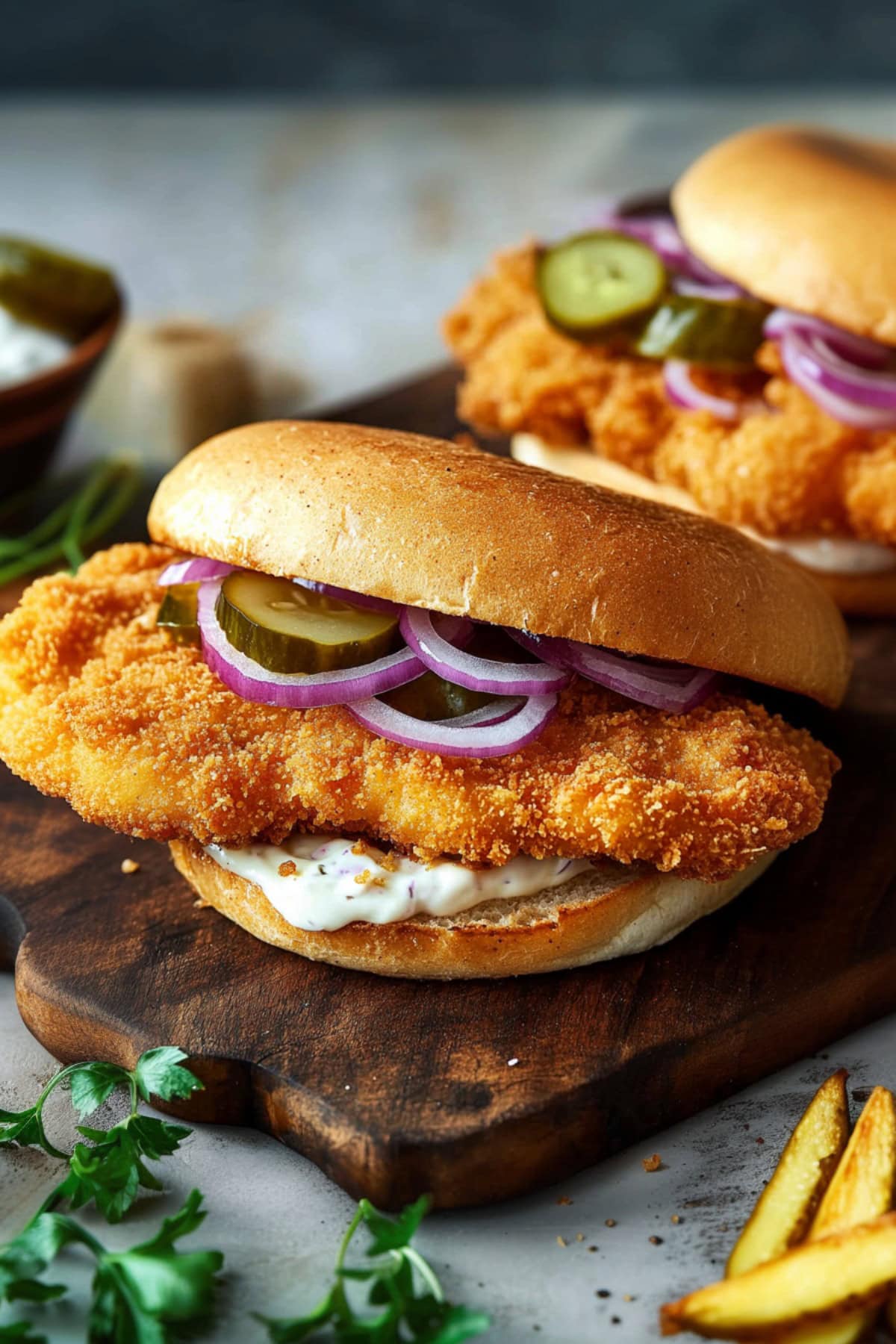 Crispy Pork Sandwiches on a Chopping Board