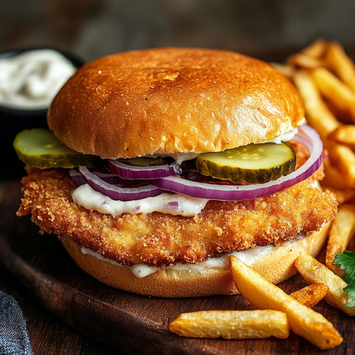 Crispy Pork Tenderloin Sandwich with Red Onion, Pickles, and Fries